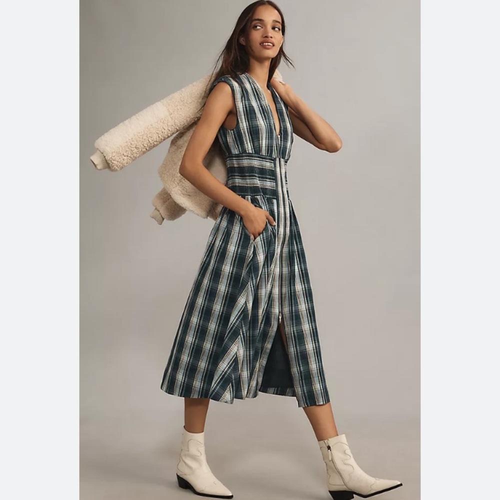 New: Anthropologie Tommie Zip-Front Midi Dress. Plaid. Pockets. Size XS